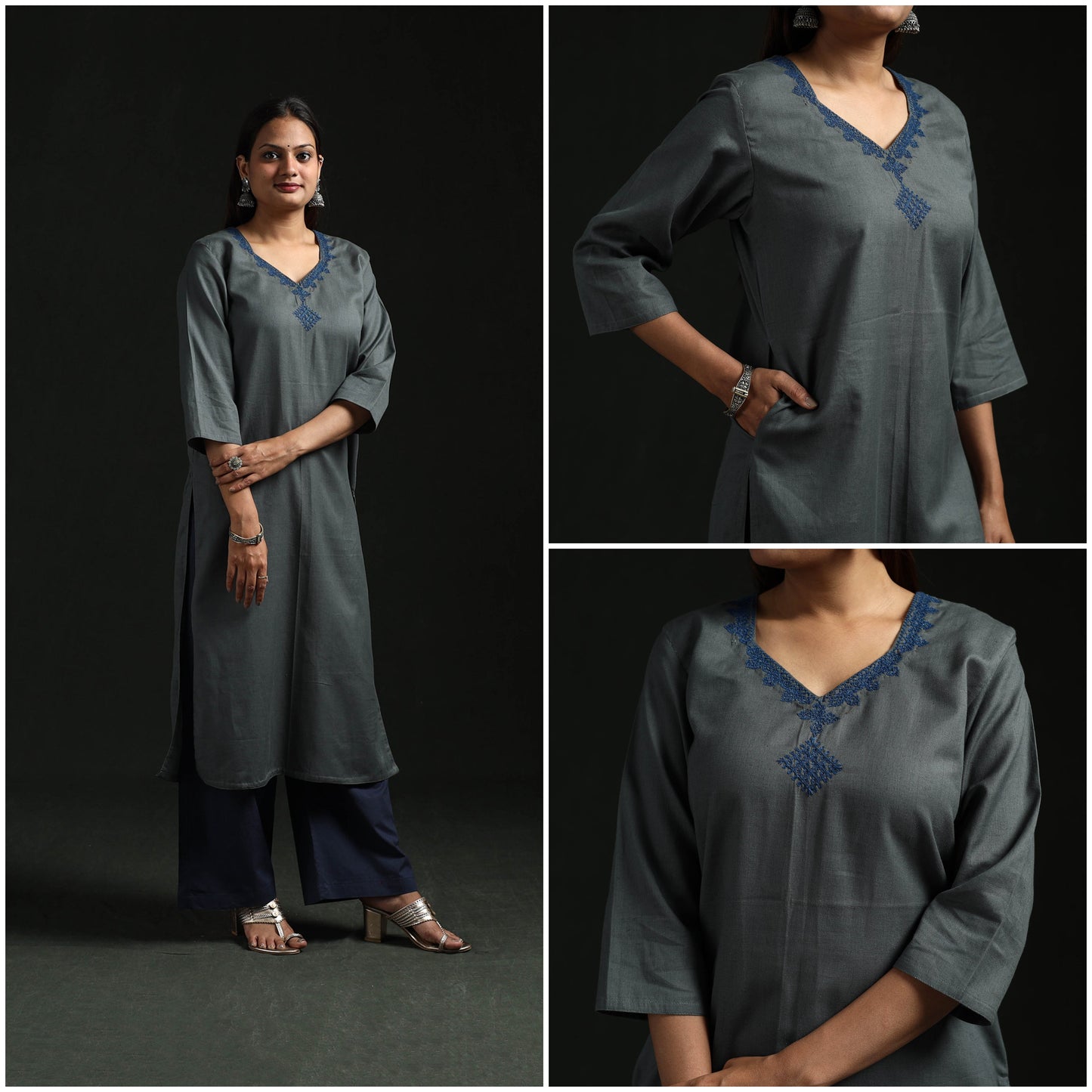 Flex cotton plain hand embroidered straight kurta for women