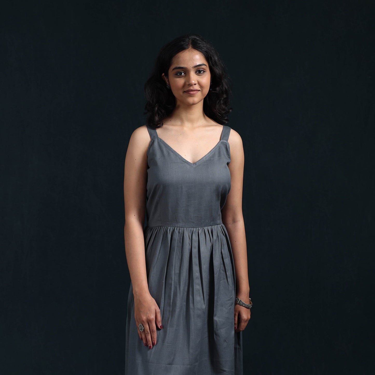 Grey - flex cotton tiered plain dress 02 - handcrafted