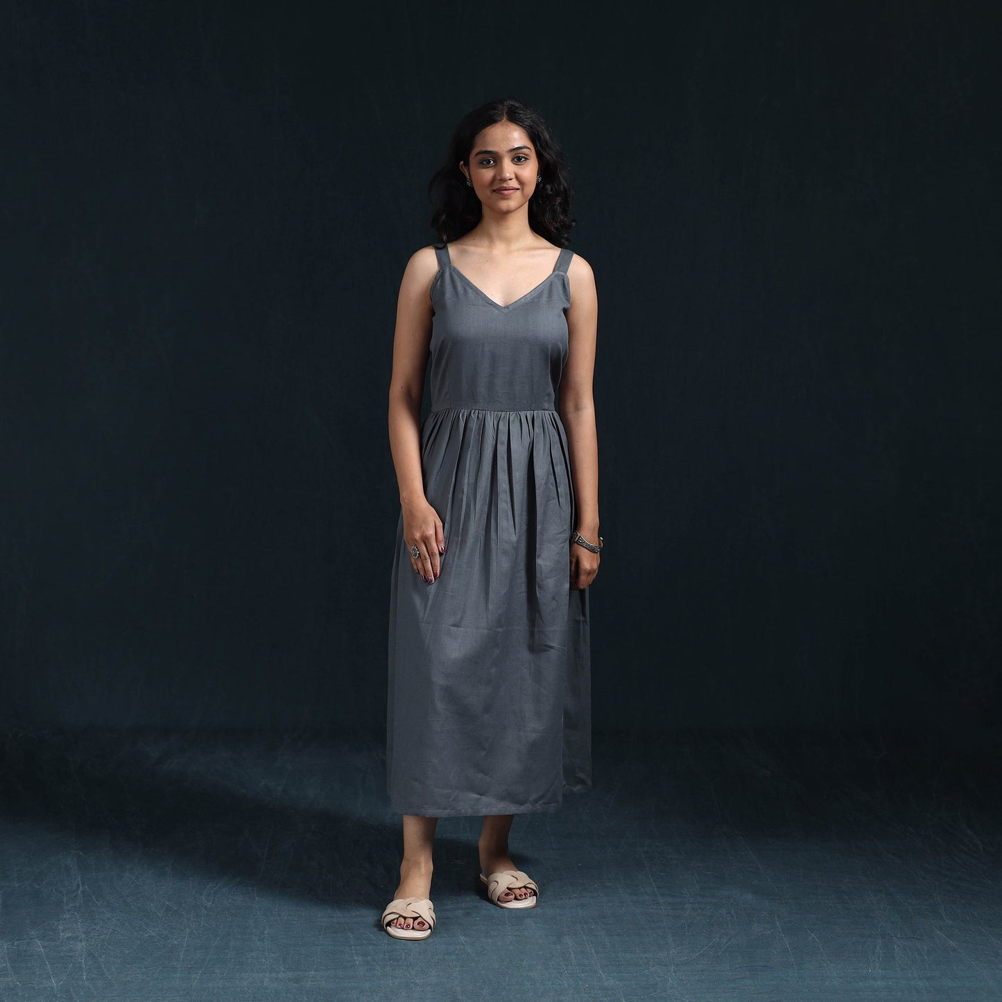 Grey - flex cotton tiered plain dress 02 - handcrafted
