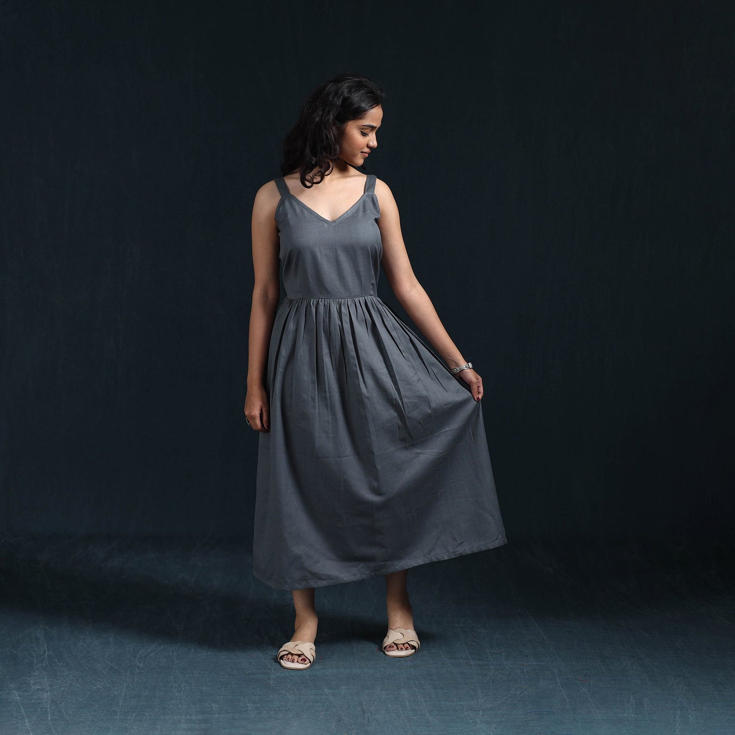 Grey - flex cotton tiered plain dress 02 - handcrafted