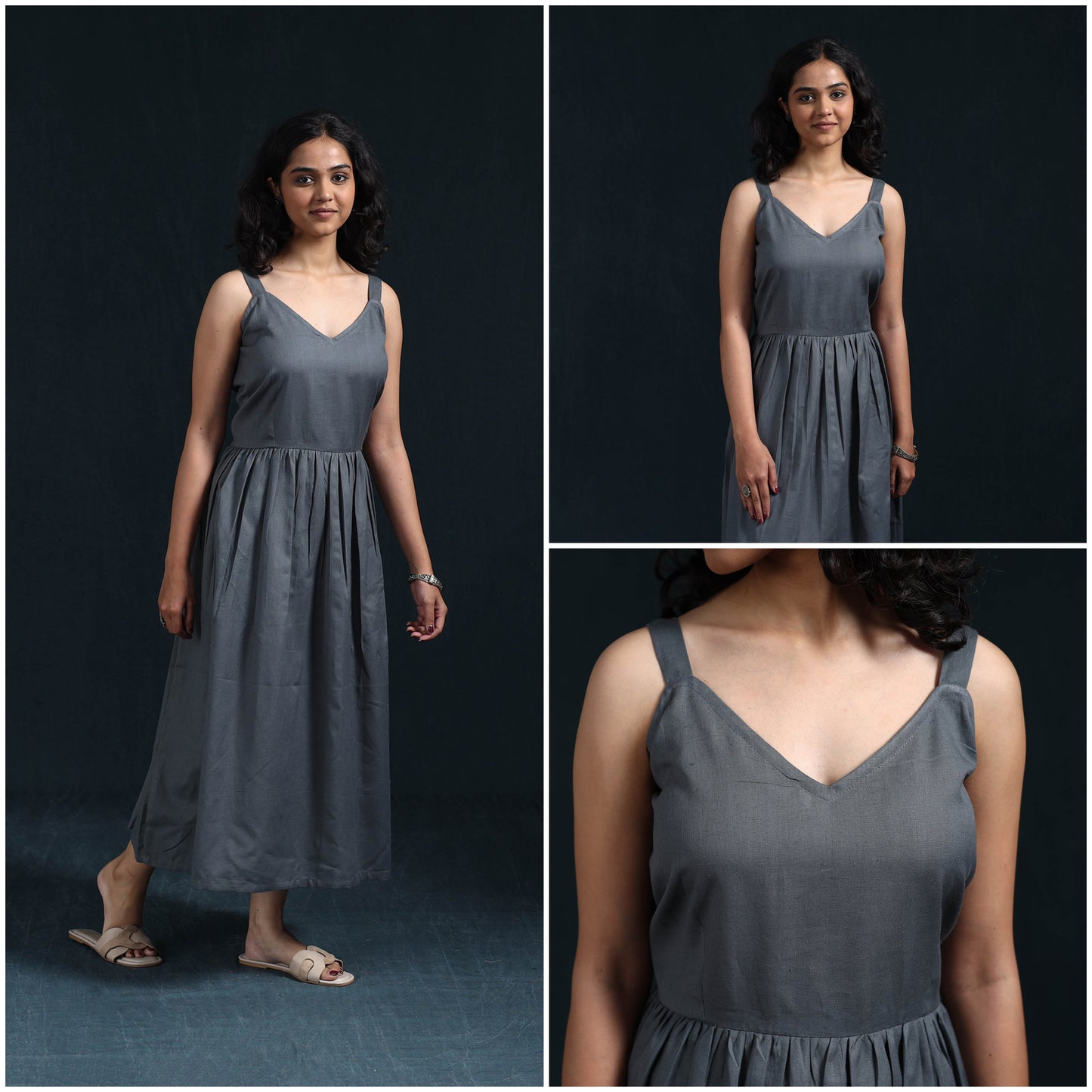 Grey - flex cotton tiered plain dress 02 - handcrafted