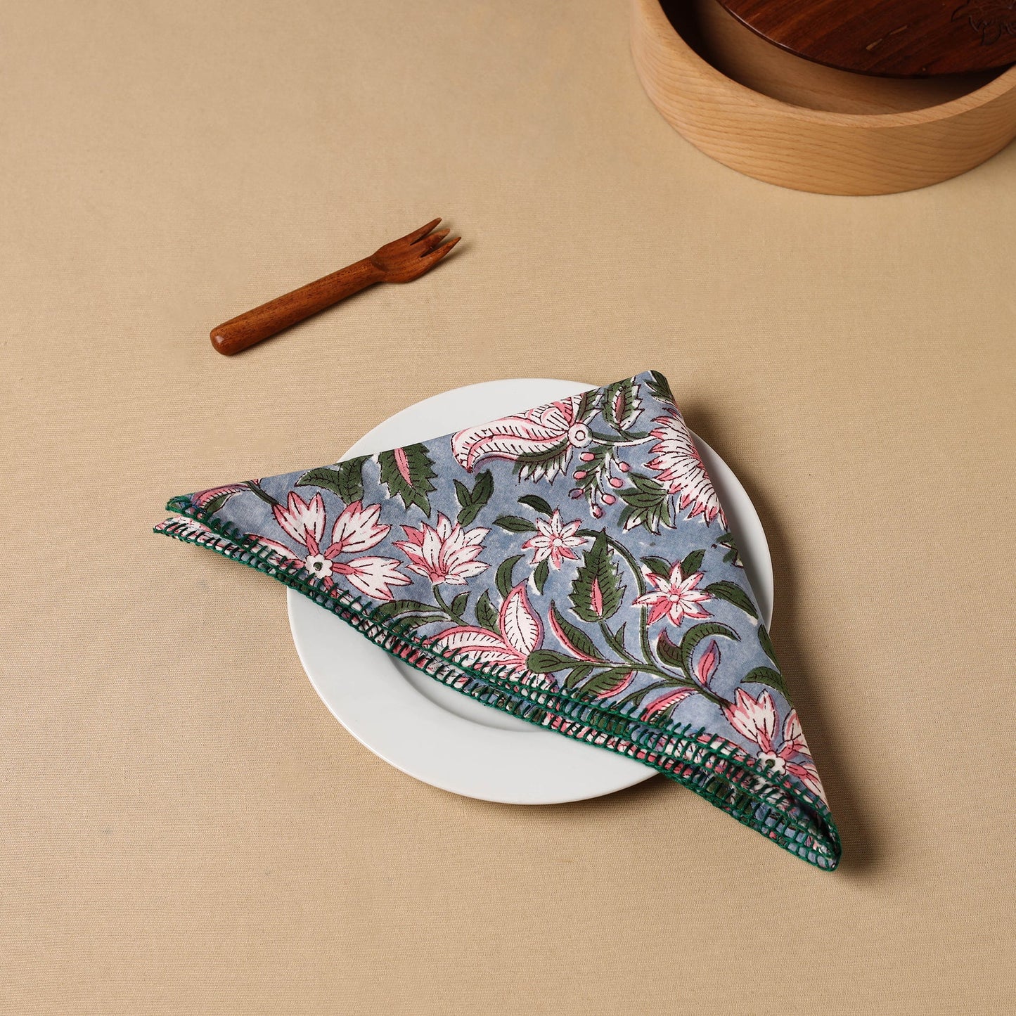 Grey Floral Block Print Cotton Hand Embroidery Table Napkin