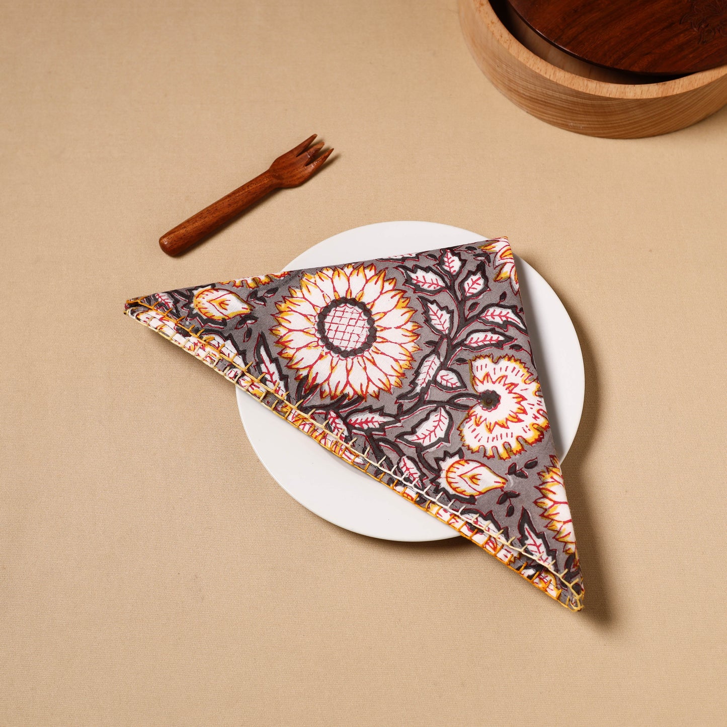 Grey Floral Block Print Cotton Hand Embroidery Table Napkin