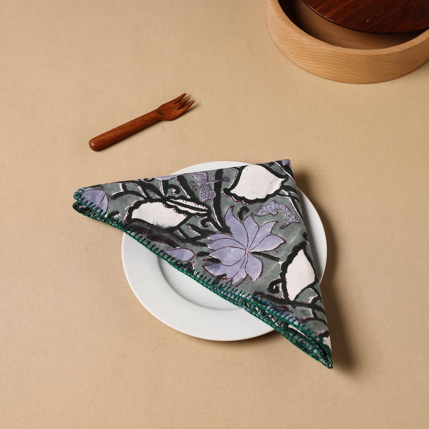 Grey Floral Block Print Cotton Hand Embroidery Table Napkin