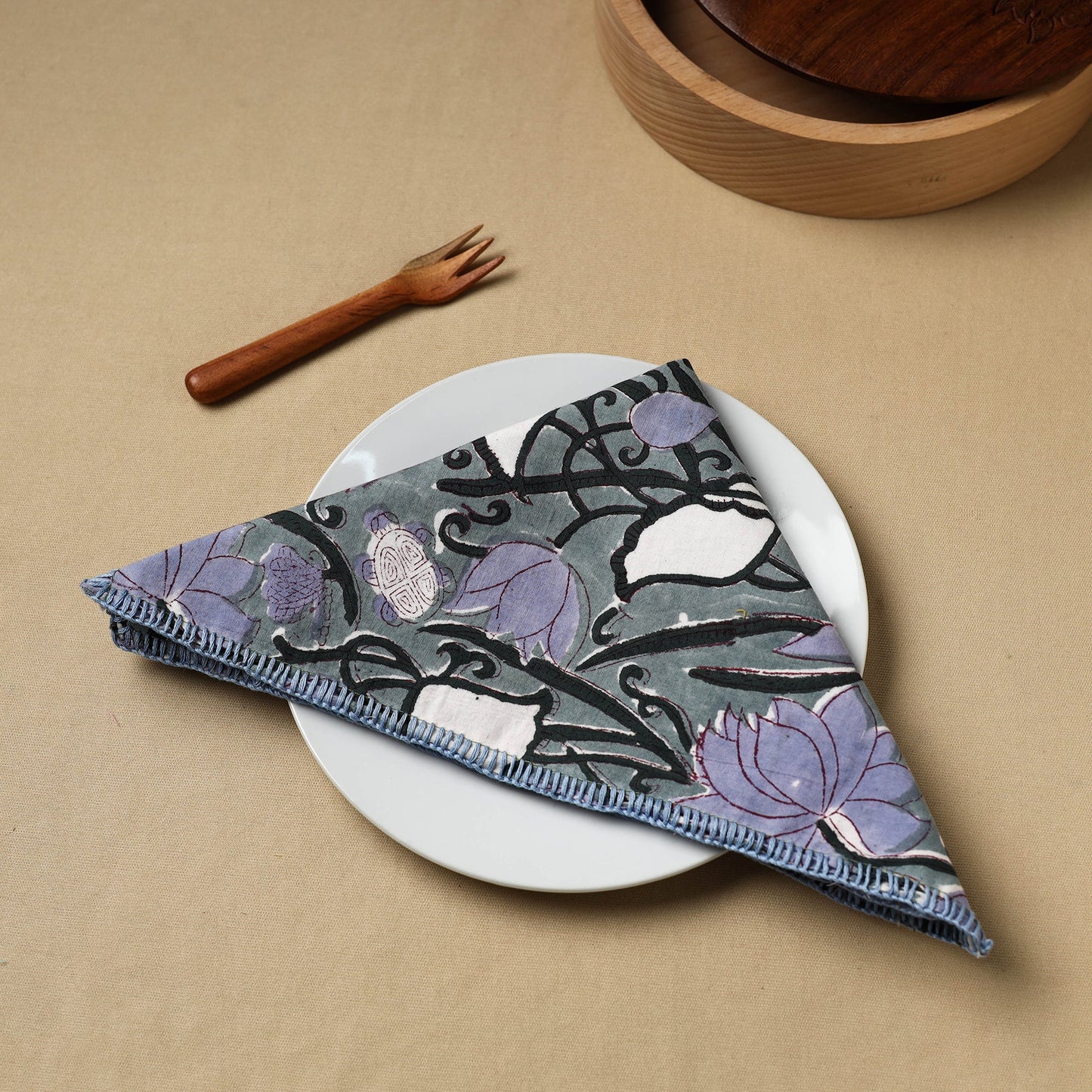 Grey Floral Block Print Hand Embroidery Table Napkin 11