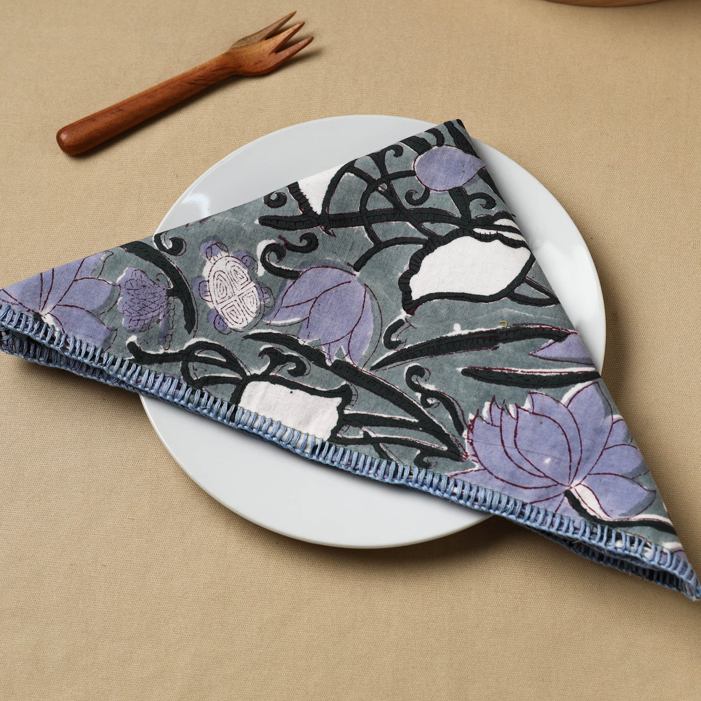 Grey Floral Block Print Hand Embroidery Table Napkin 11