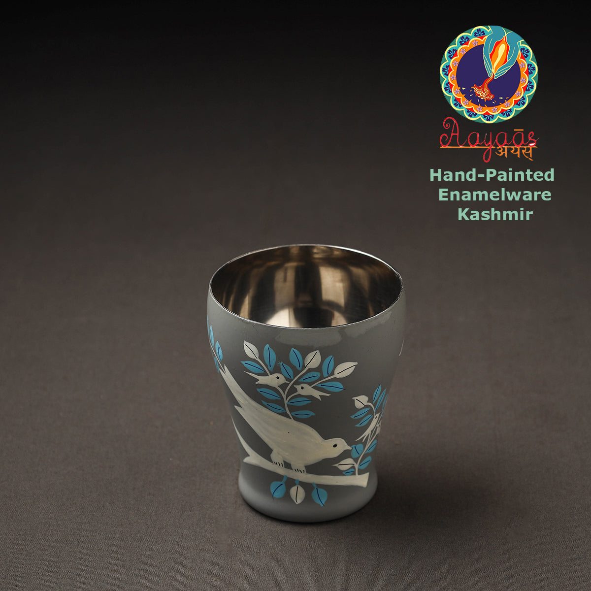 Grey Floral Handpainted Enamelware Stainless Steel Glass
