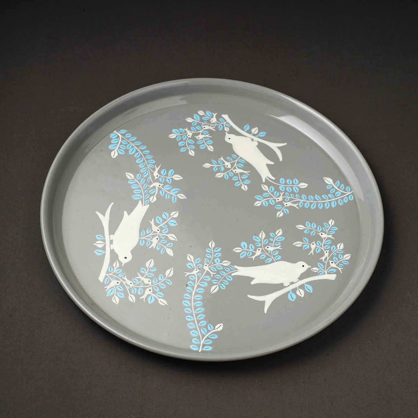 Floral Grey Handpainted Enamelware Stainless Steel Plate