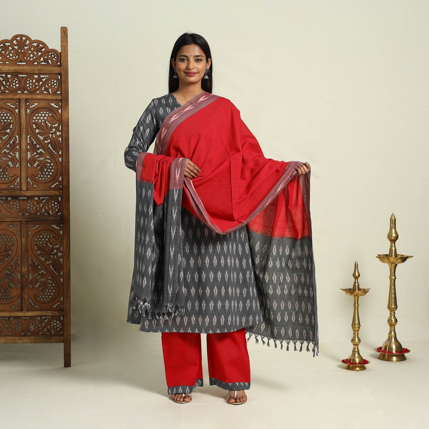 Grey Frock Style Cotton Pochampally Ikat Kurta Set