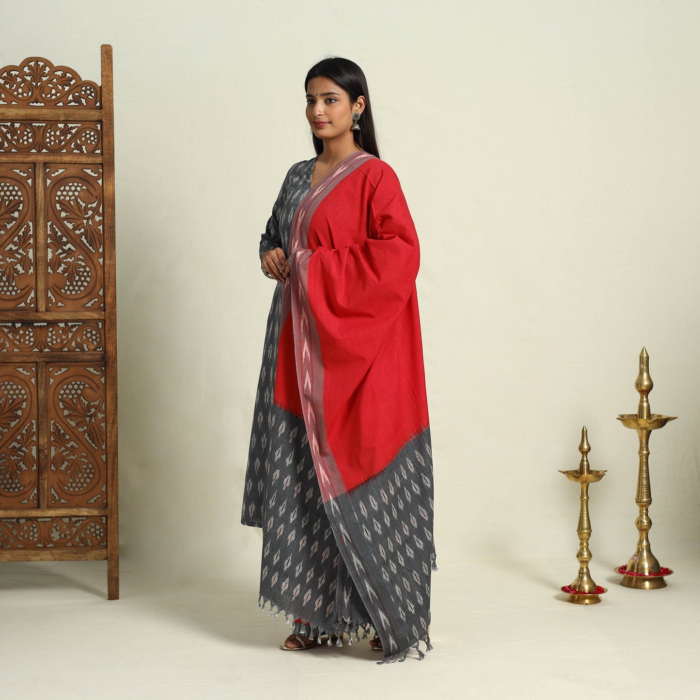 Grey Frock Style Cotton Pochampally Ikat Kurta Set