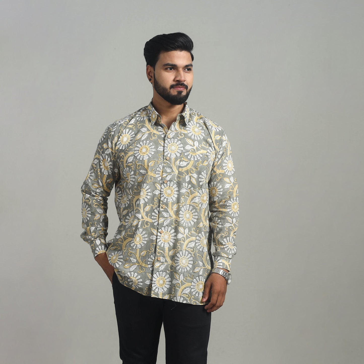 Grey Full Sleeve Cotton Men Sanganeri Print Shirt