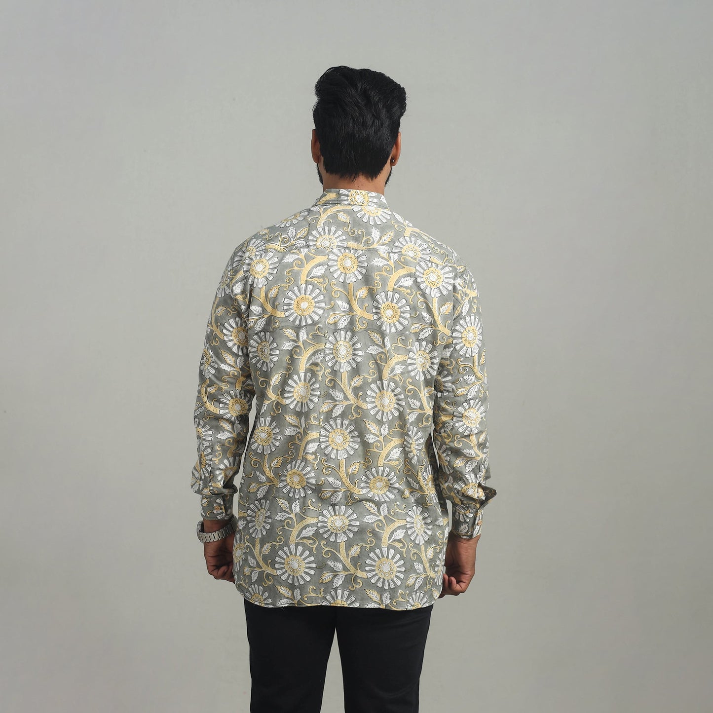 Grey Full Sleeve Cotton Men Sanganeri Print Shirt
