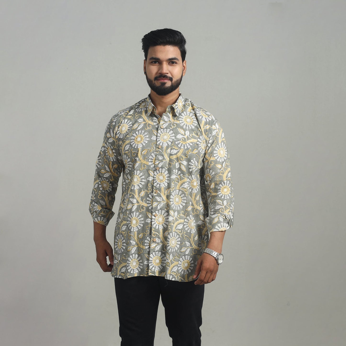 Grey Full Sleeve Cotton Men Sanganeri Print Shirt