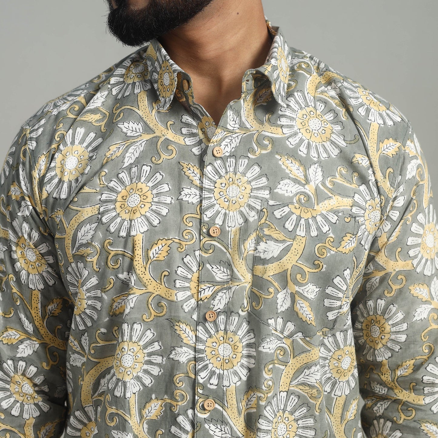 Grey Full Sleeve Cotton Men Sanganeri Print Shirt