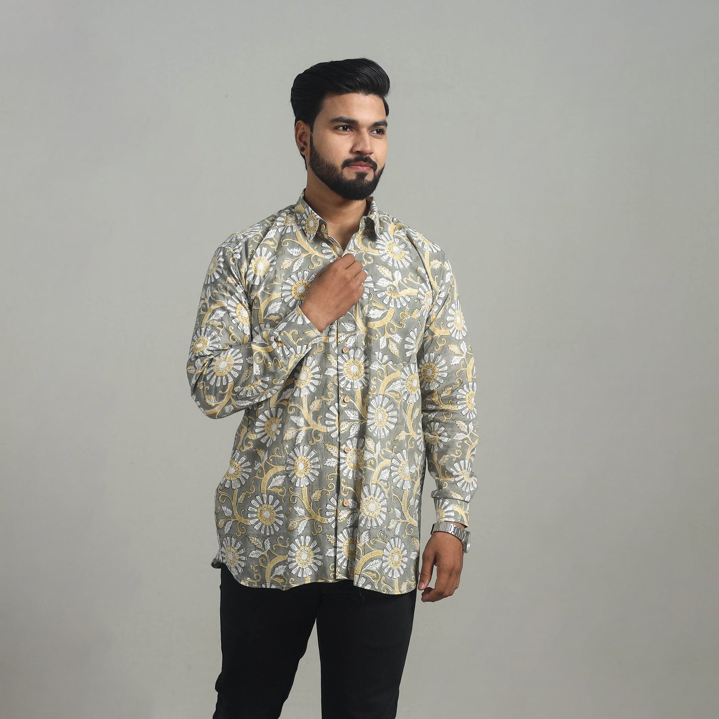 Grey Full Sleeve Cotton Men Sanganeri Print Shirt