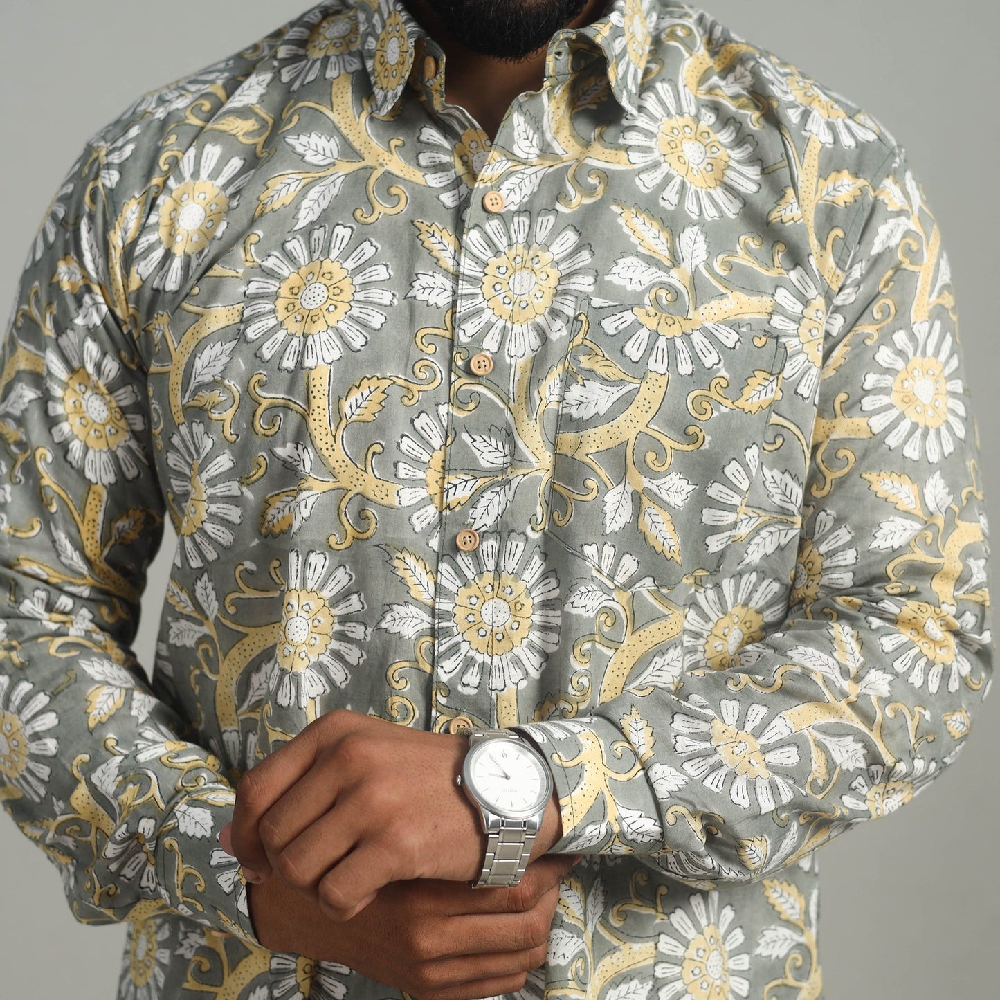 Grey Full Sleeve Cotton Men Sanganeri Print Shirt