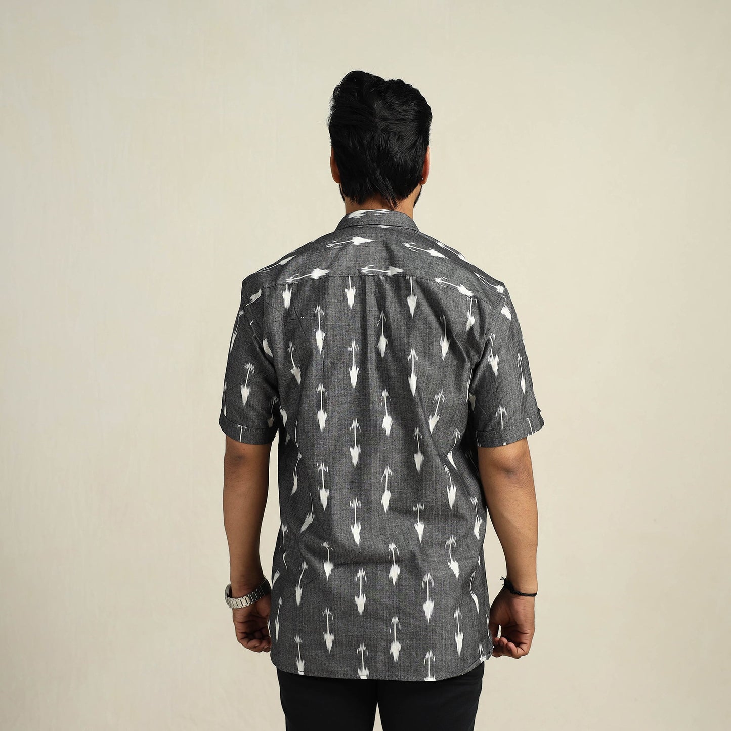 Grey Half Sleeve Men Cotton Pochampally Ikat Shirt