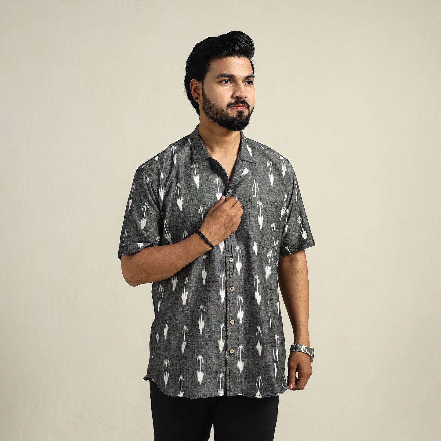 Grey Half Sleeve Men Cotton Pochampally Ikat Shirt