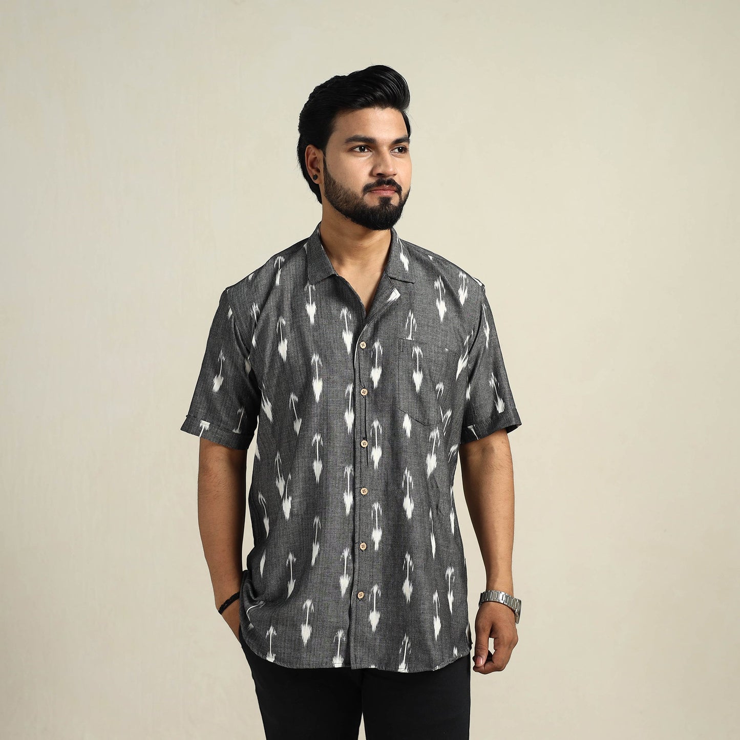 Grey Half Sleeve Men Cotton Pochampally Ikat Shirt