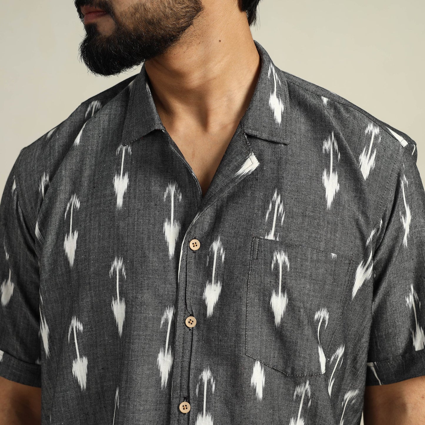 Grey Half Sleeve Men Cotton Pochampally Ikat Shirt
