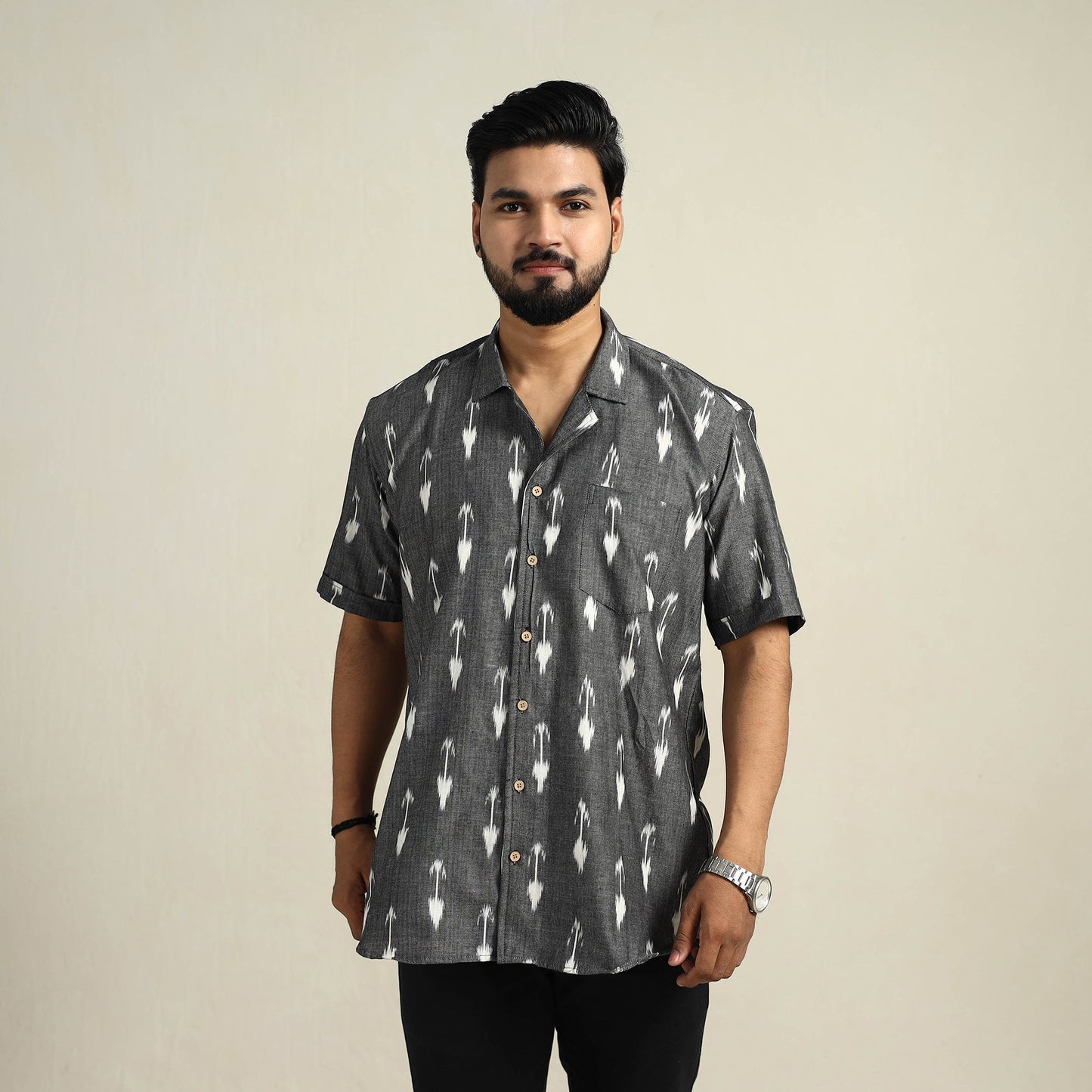 Grey Half Sleeve Men Cotton Pochampally Ikat Shirt