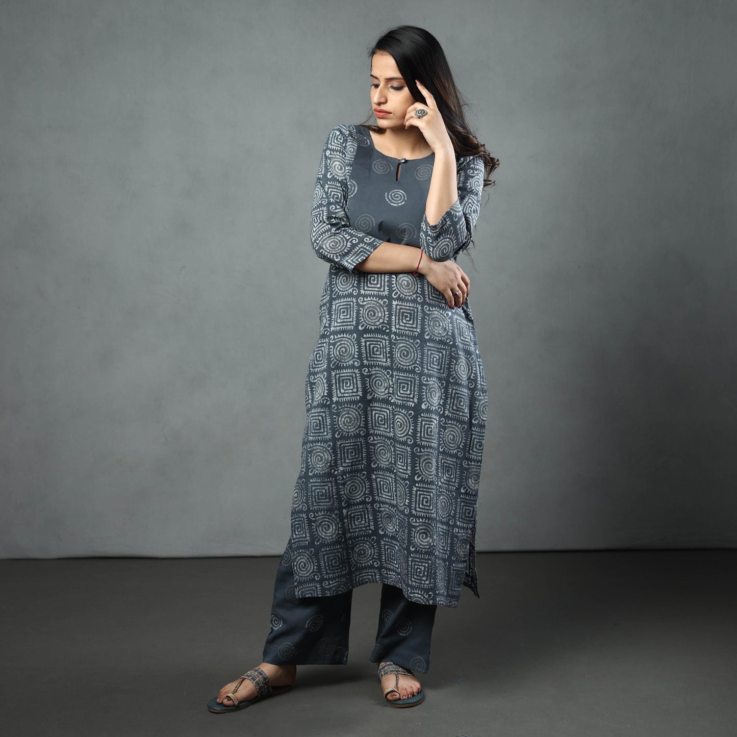 Hand Batik Printed Cotton Kurta with Palazzo & Dupatta Set