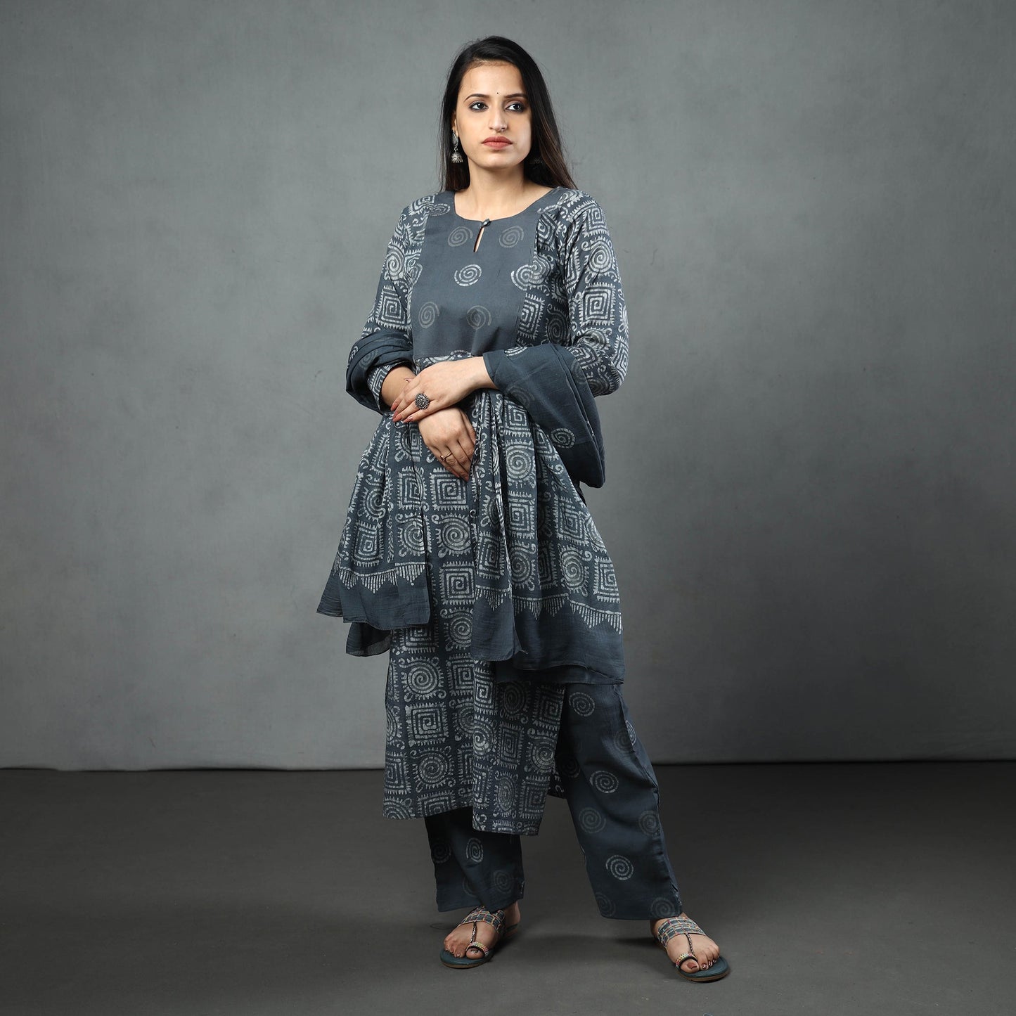 Hand Batik Printed Cotton Kurta with Palazzo & Dupatta Set