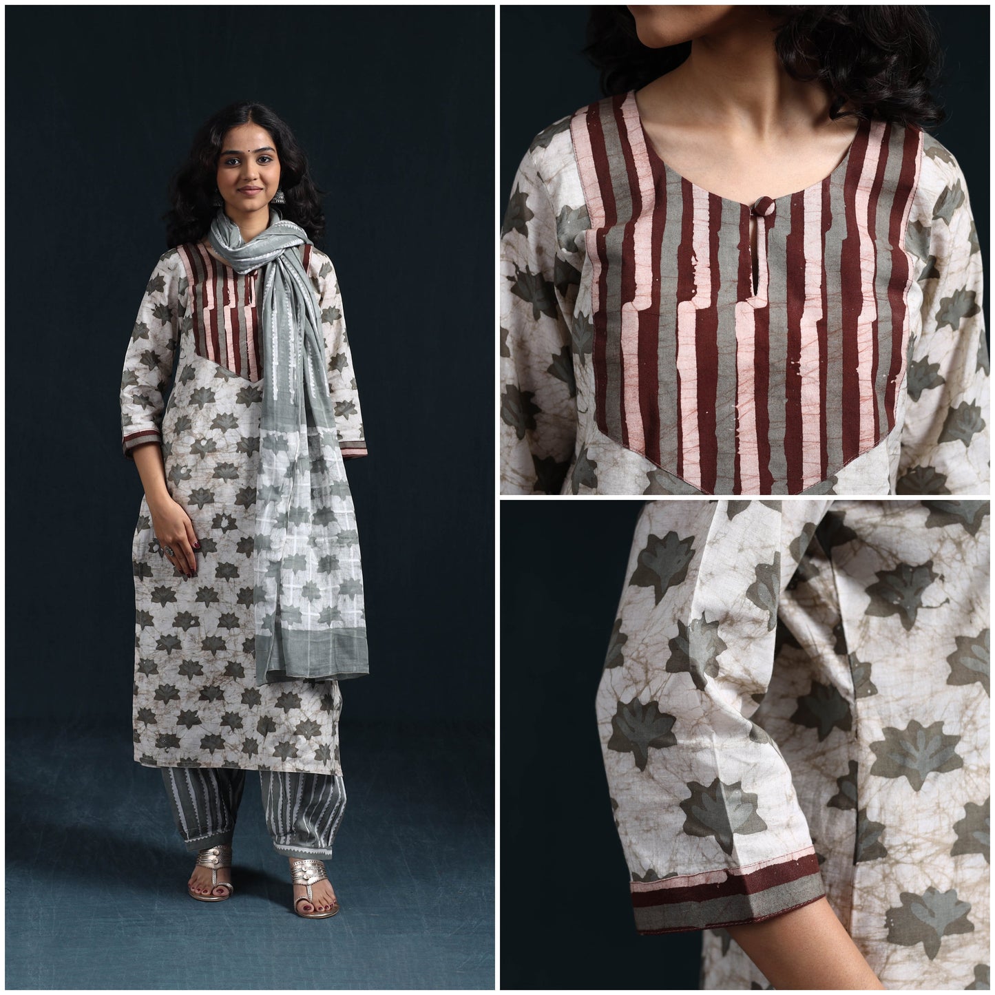 Hand batik cotton suit set with dupatta for women 07