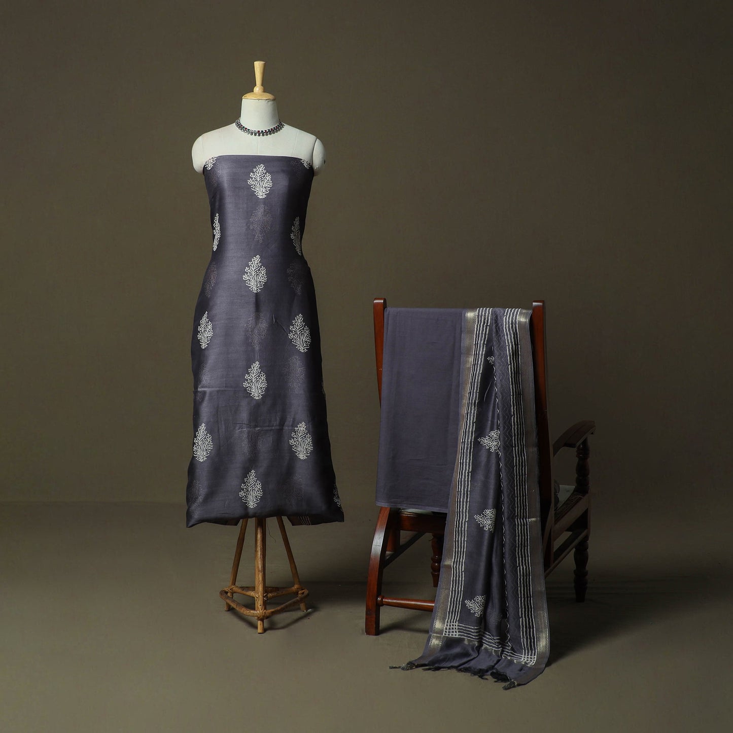 Hand block jaipur print maheshwari silk handloom 3pc