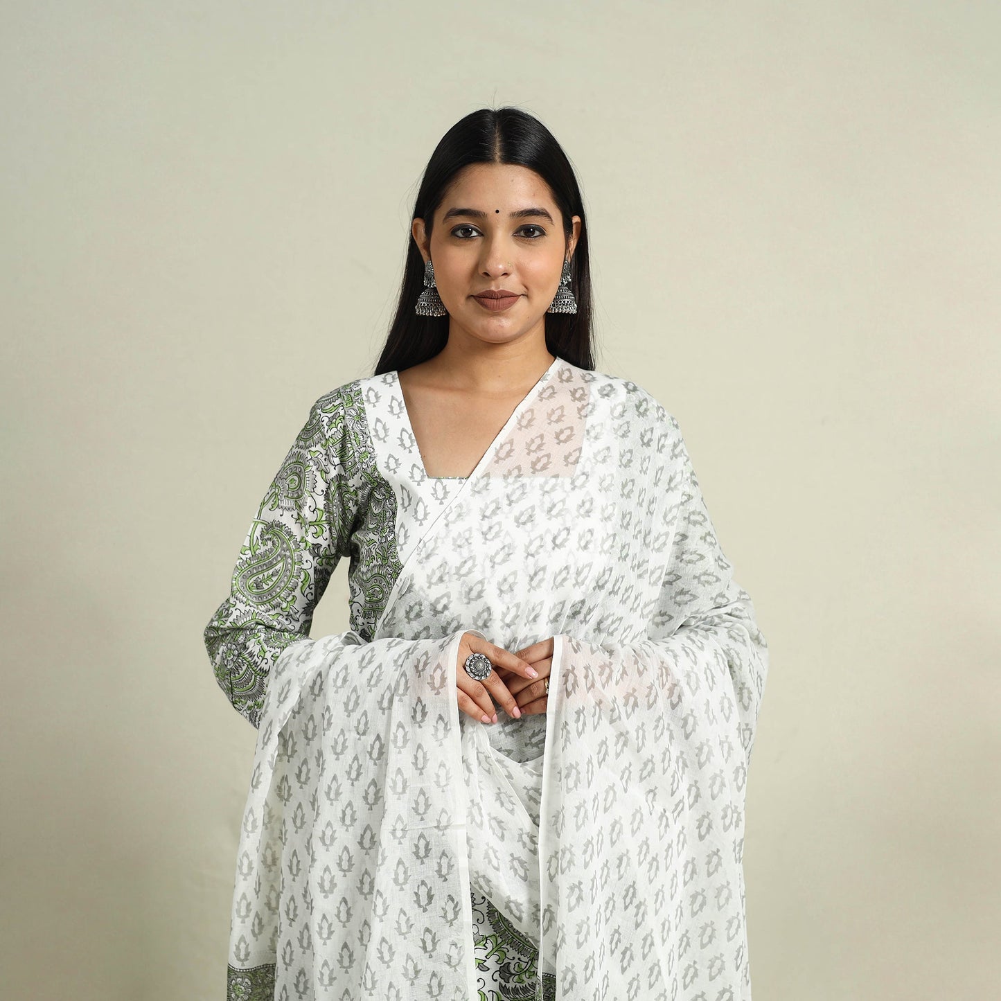 Grey Block Print Cotton Sanganeri Kurta Set