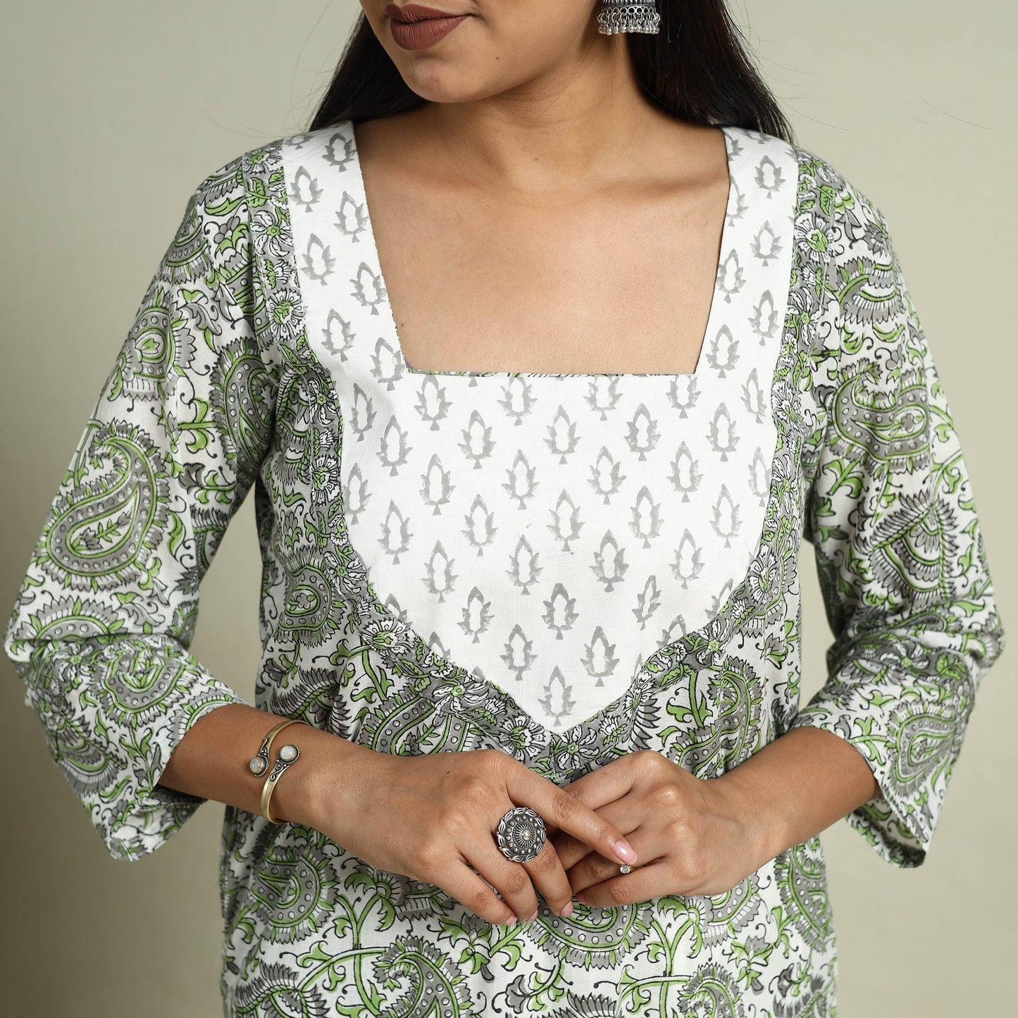 Grey Block Print Cotton Sanganeri Kurta Set