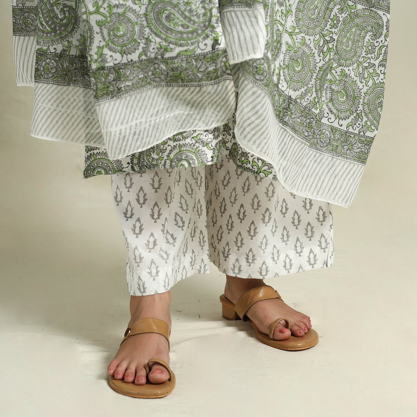 Grey Block Print Cotton Sanganeri Kurta Set
