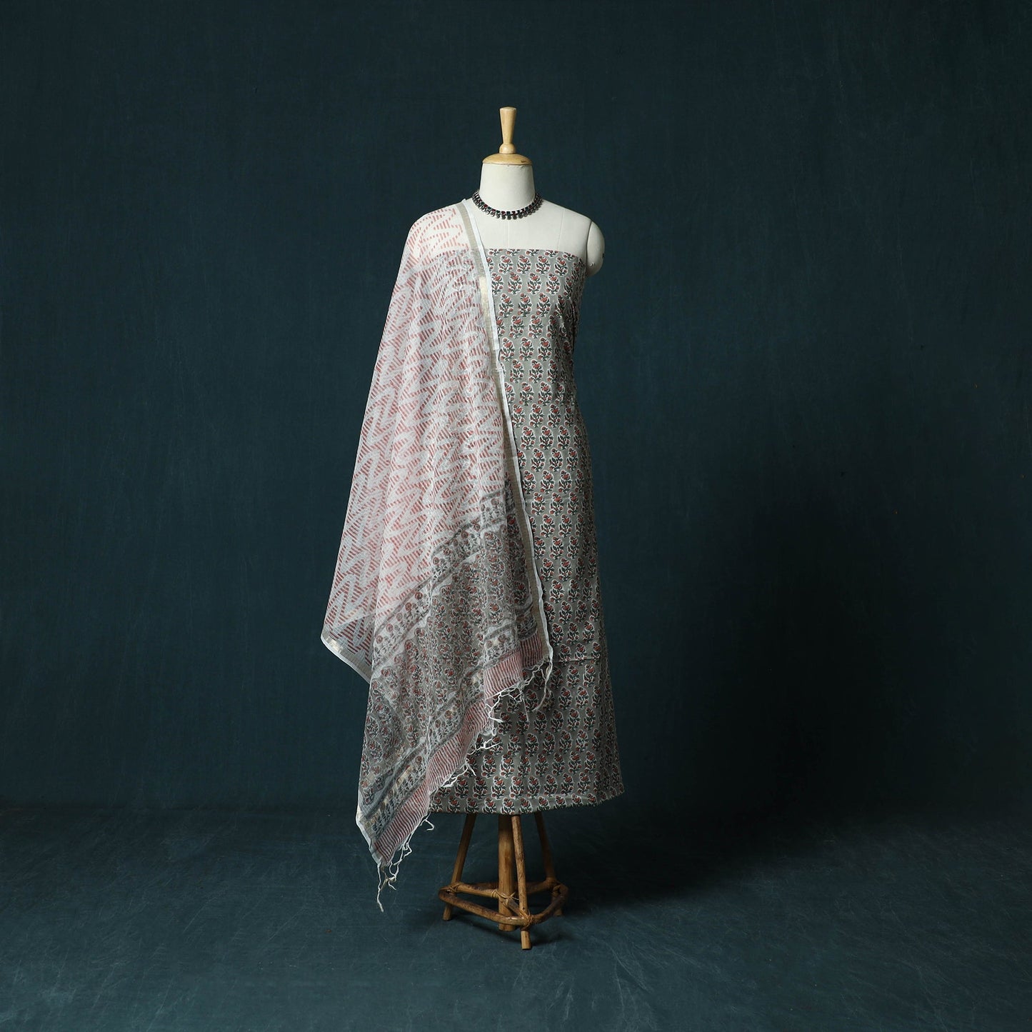 Hand block print sanganeri cotton 3pc unstitched dress