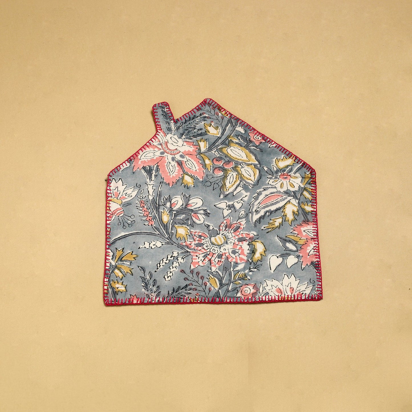 Grey Hand Embroidered Floral Pot Holder with Pocket
