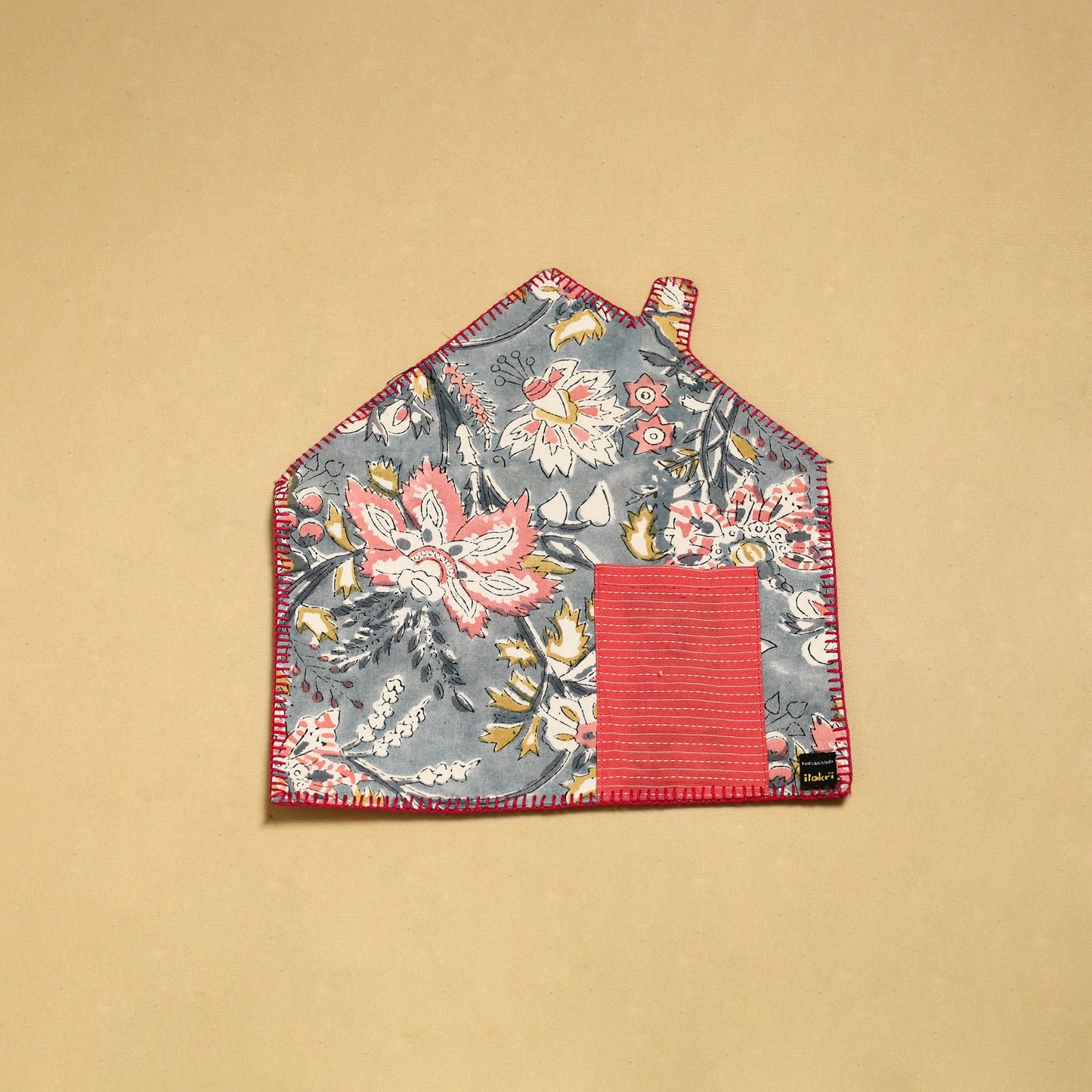 Grey Hand Embroidered Floral Pot Holder with Pocket