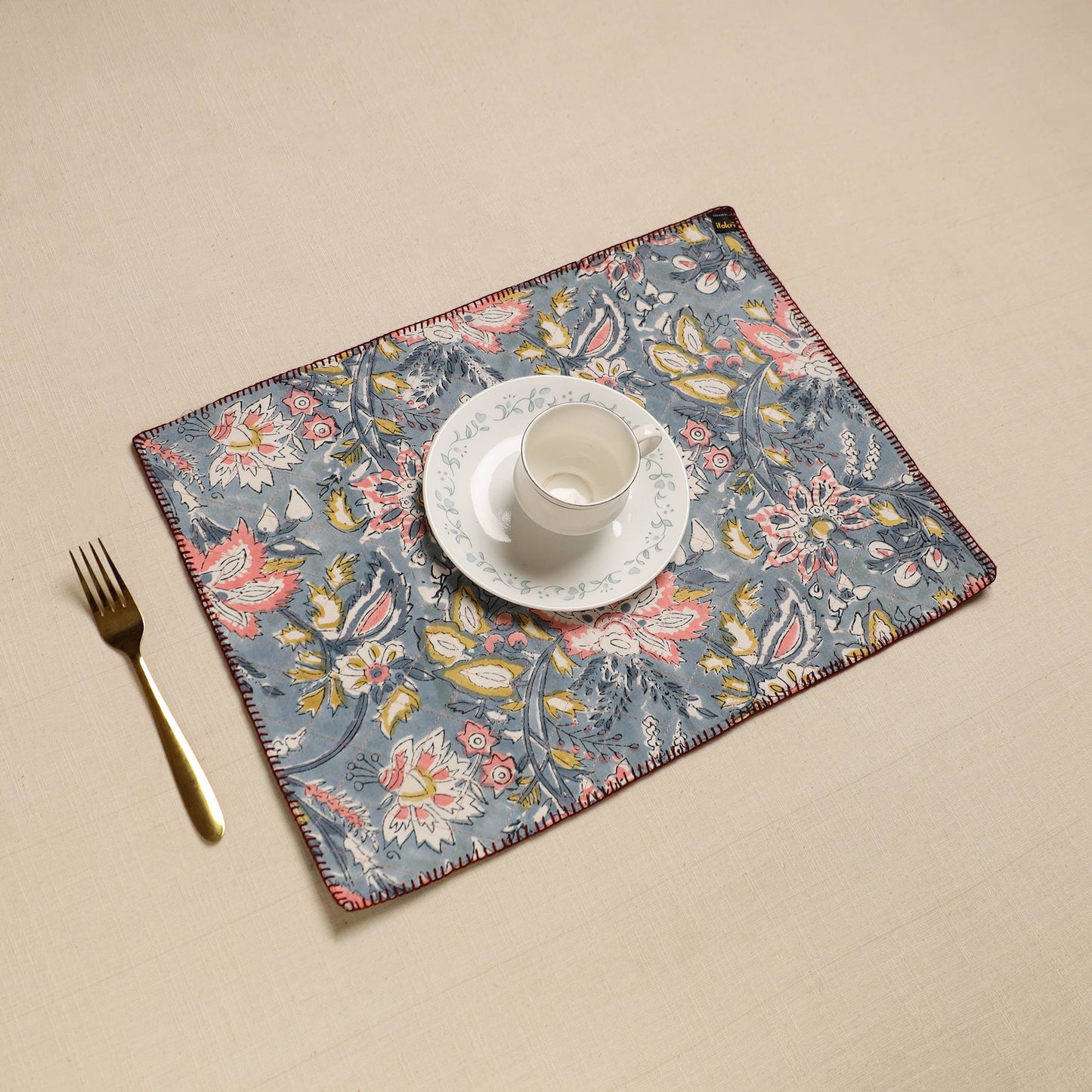 Grey Hand Embroidered Floral Cotton Reversible Table Mat