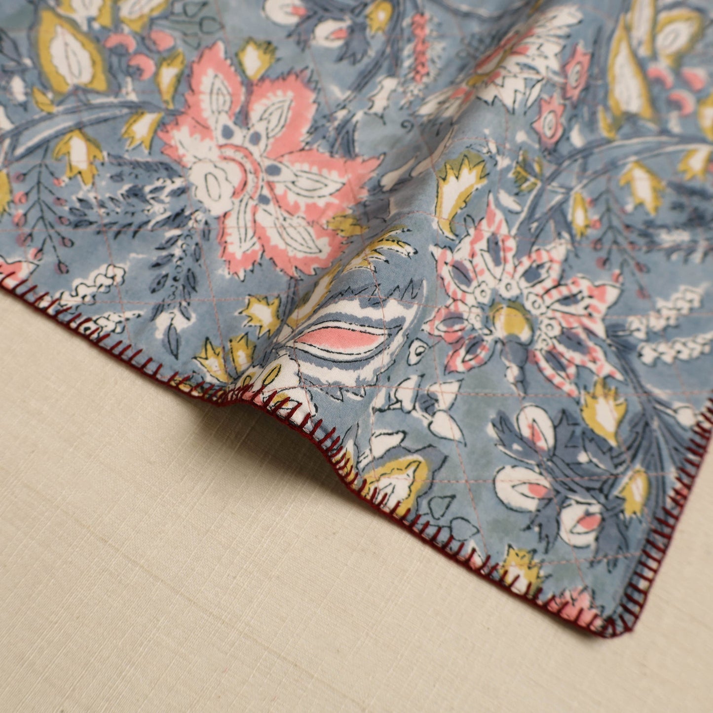 Grey Hand Embroidered Floral Cotton Reversible Table Mat