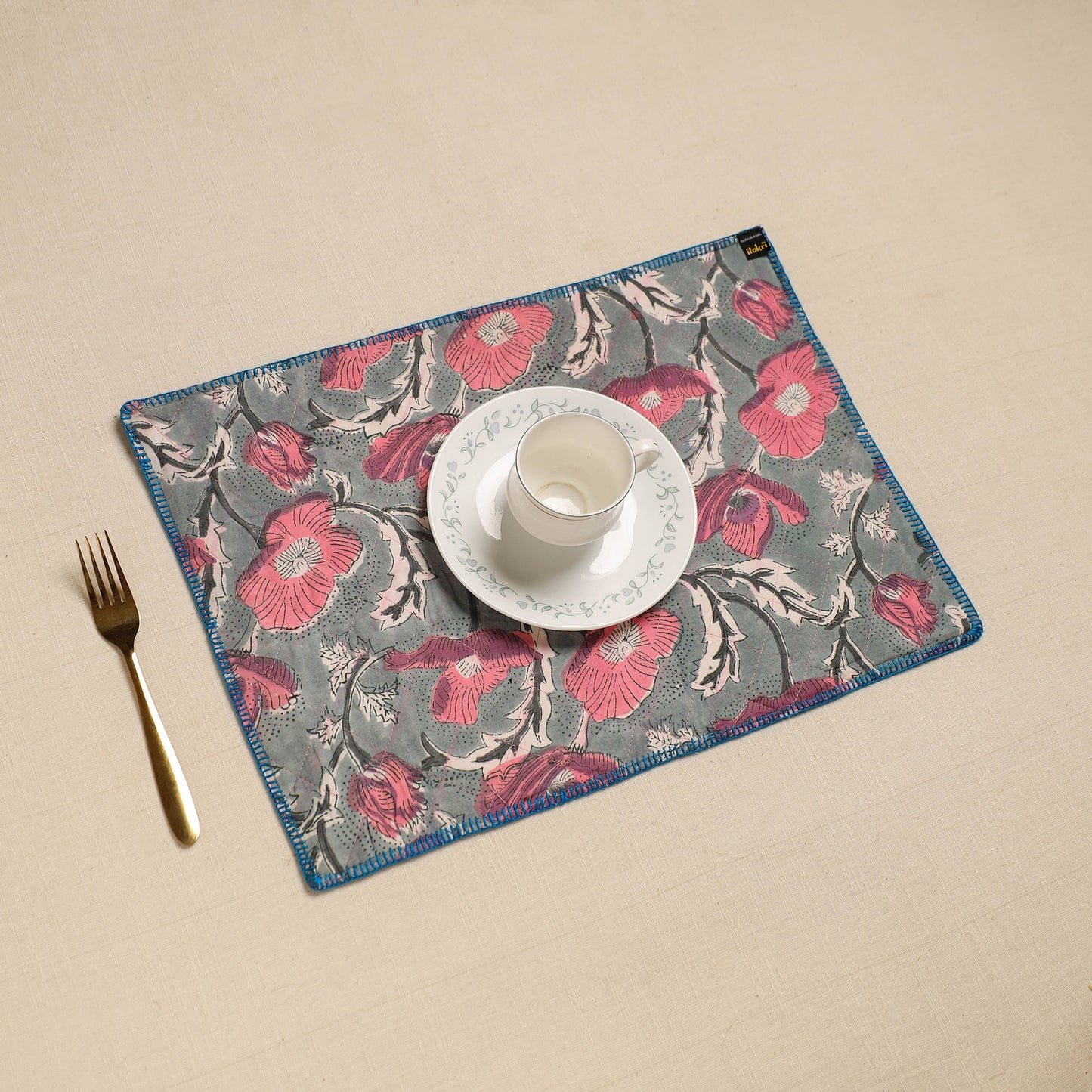 Grey Hand Embroidered Floral Cotton Reversible Table Mat