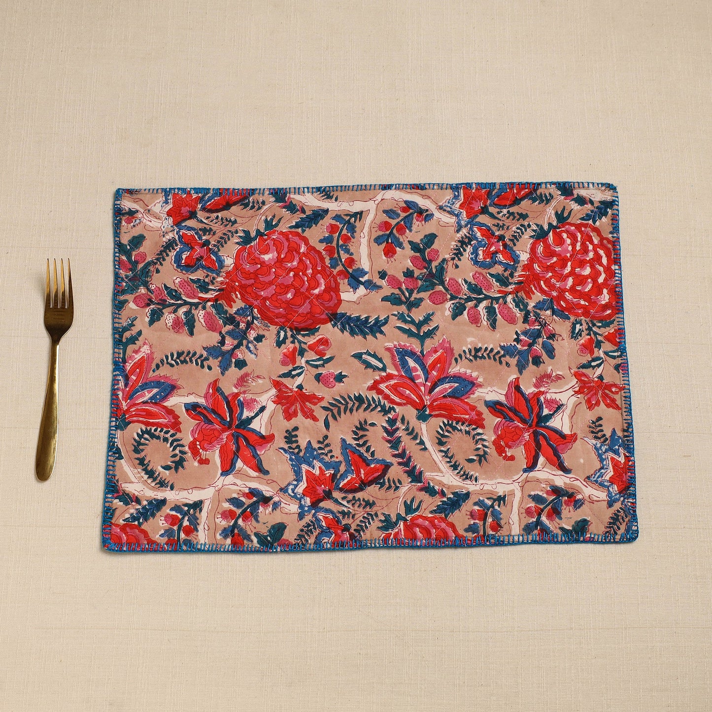 Grey Hand Embroidered Floral Cotton Reversible Table Mat