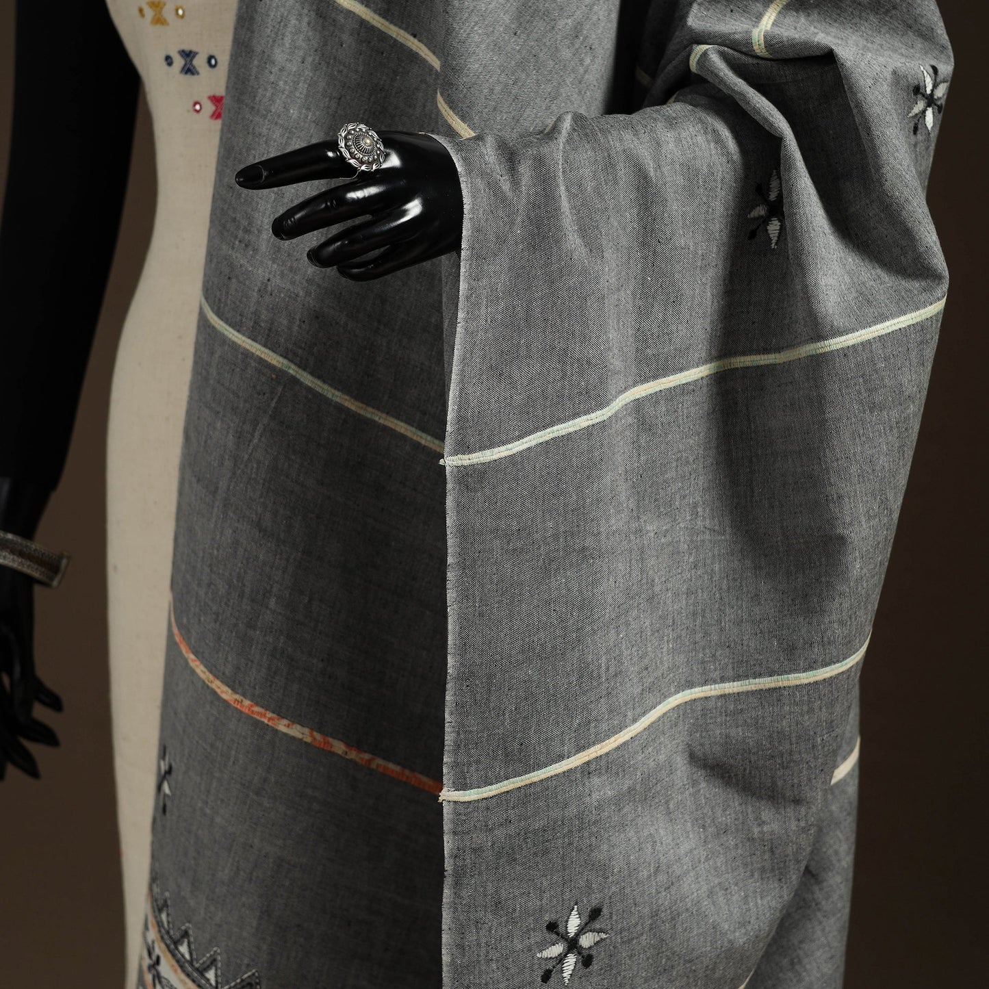 Grey Hand Embroidery Khes Handwoven Cotton Kantha Dupatta