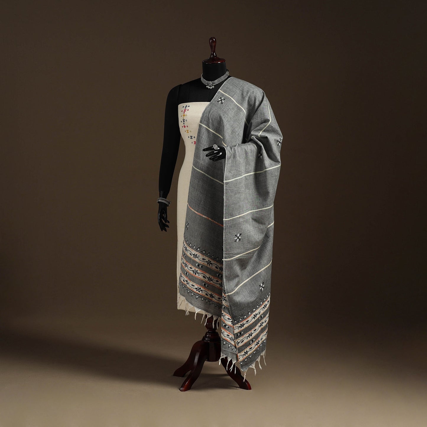 Grey Hand Embroidery Khes Handwoven Cotton Kantha Dupatta