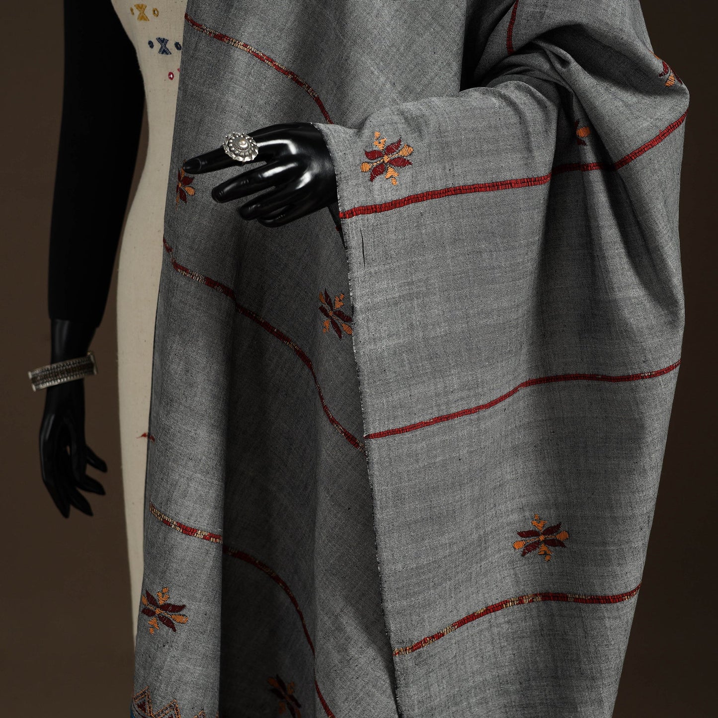 Grey Hand Embroidery Khes Handwoven Cotton Kantha Dupatta
