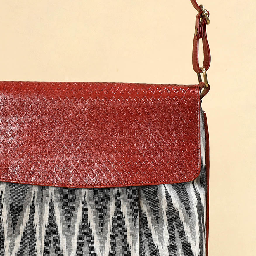 Grey Handcrafted Ikat Fabric Sling Bag with Embossed Leather Flap