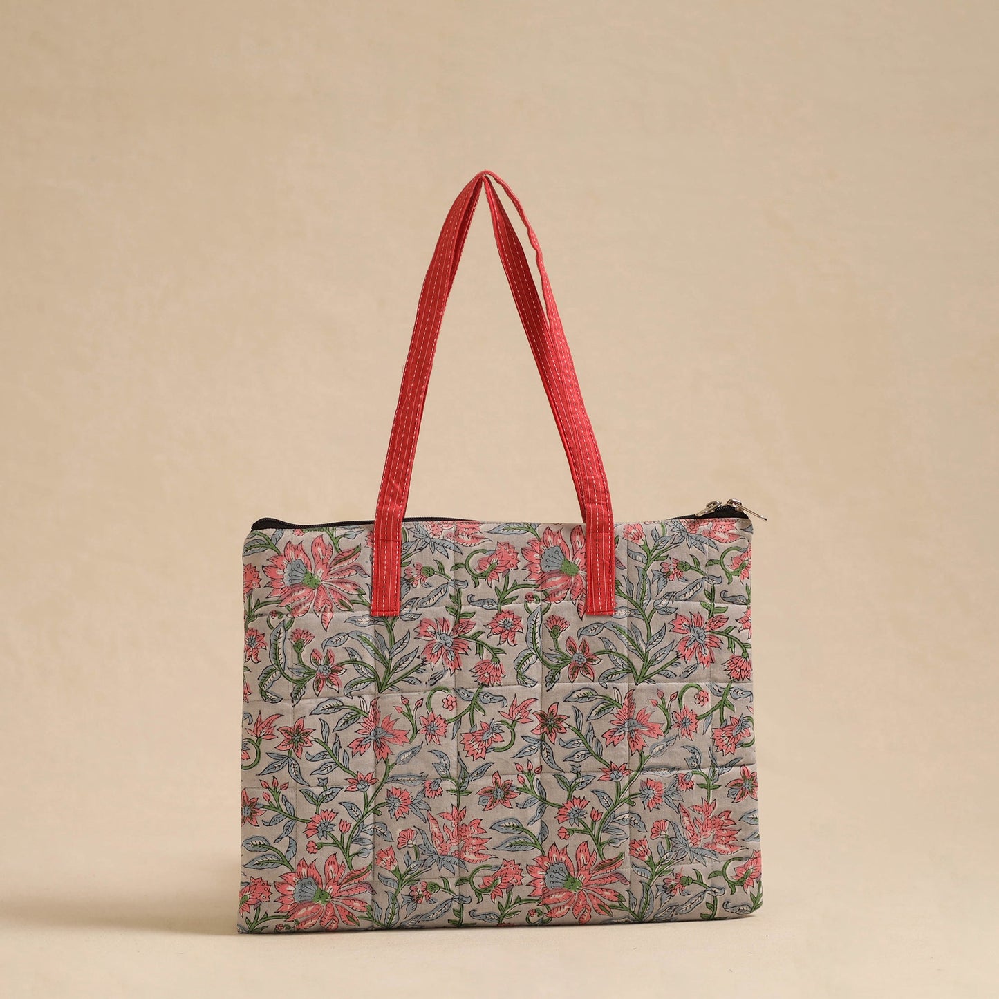 Grey Handcrafted Quilted Cotton Hand Bag