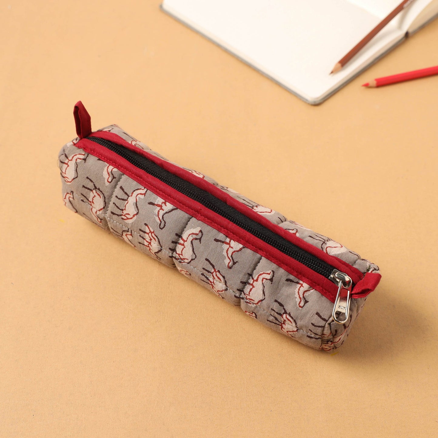 Grey Handcrafted Quilted Cotton Pencil Pouch