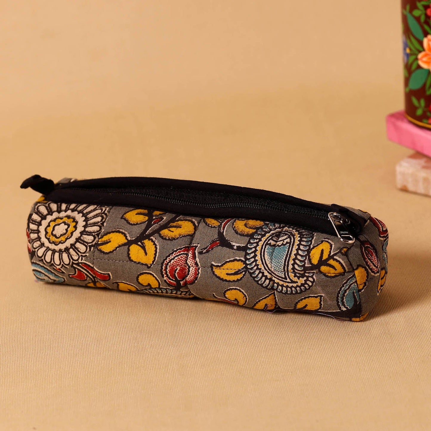 Grey Handcrafted Quilted Cotton Pencil Pouch