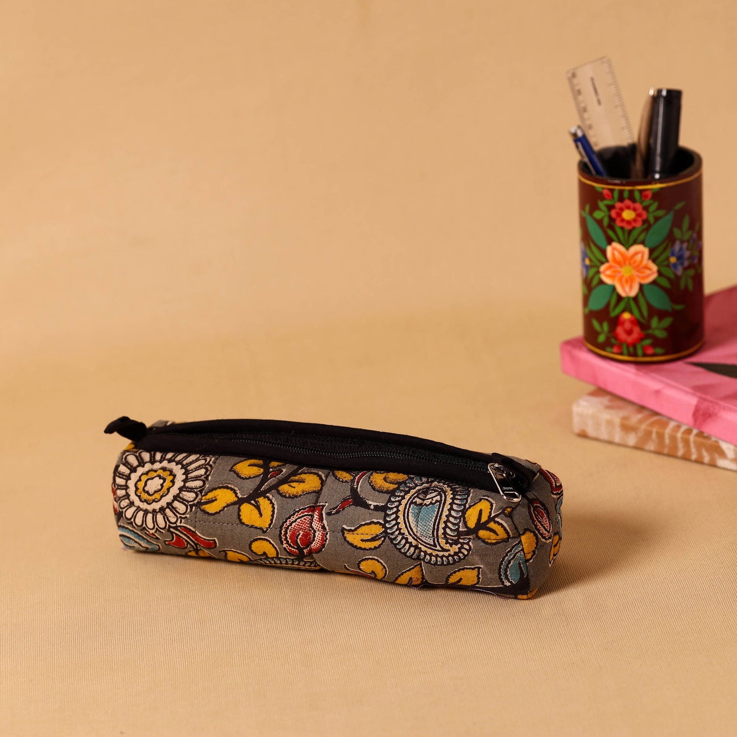 Grey Handcrafted Quilted Cotton Pencil Pouch