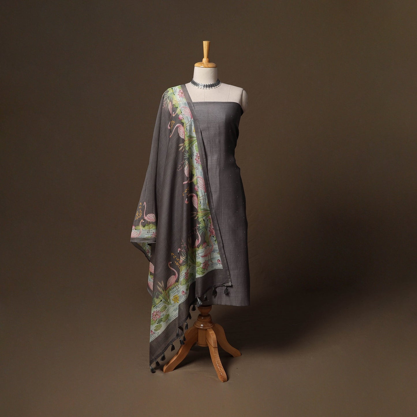 Handloom chanderi silk mukaish work 3pc unstitched dress
