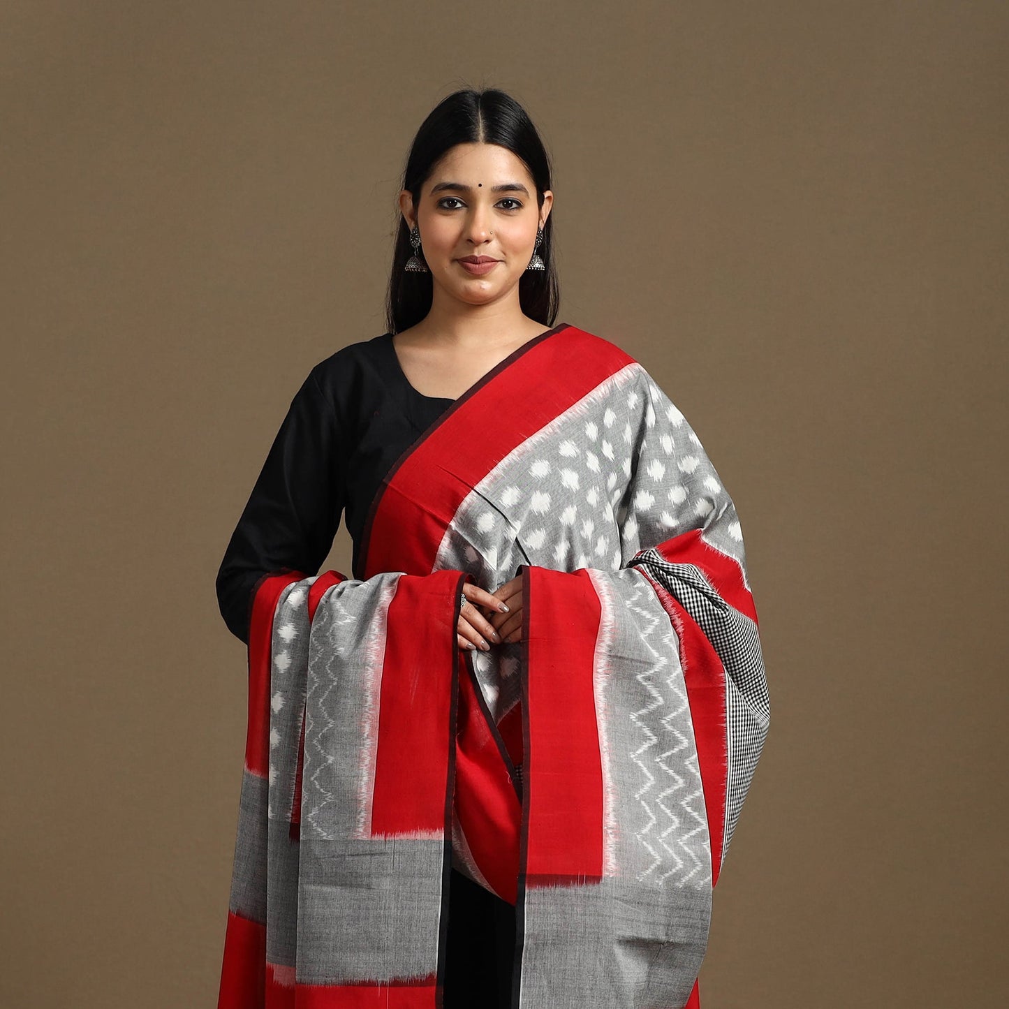 Grey Handloom Cotton Pochampally Ikat Dupatta