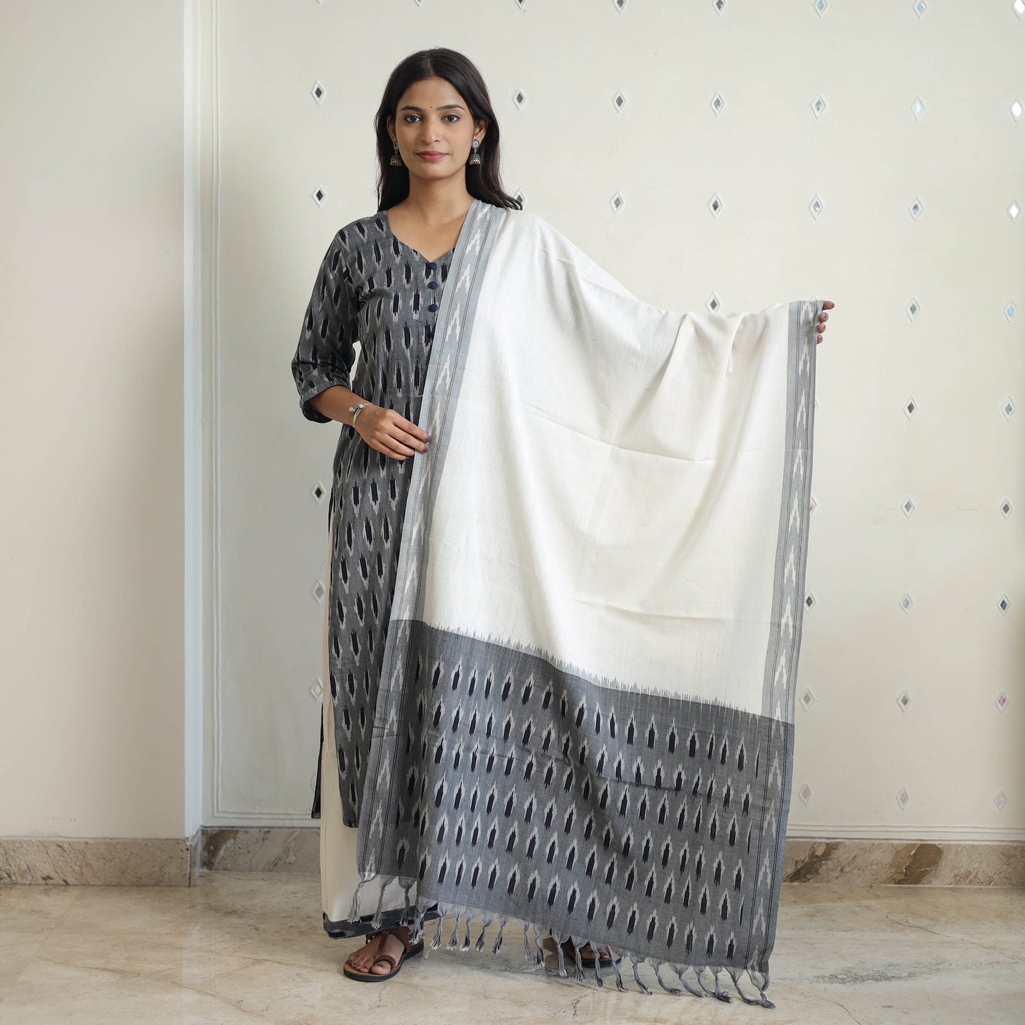 Grey Handloom Cotton Pochampally Ikat Kurta Set